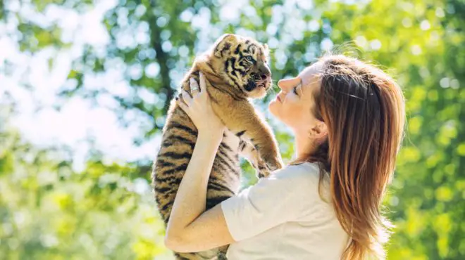 women cuddling with a tiger