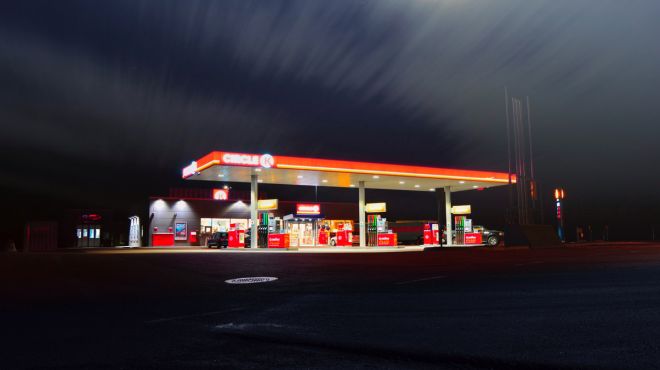 large gas station at night
